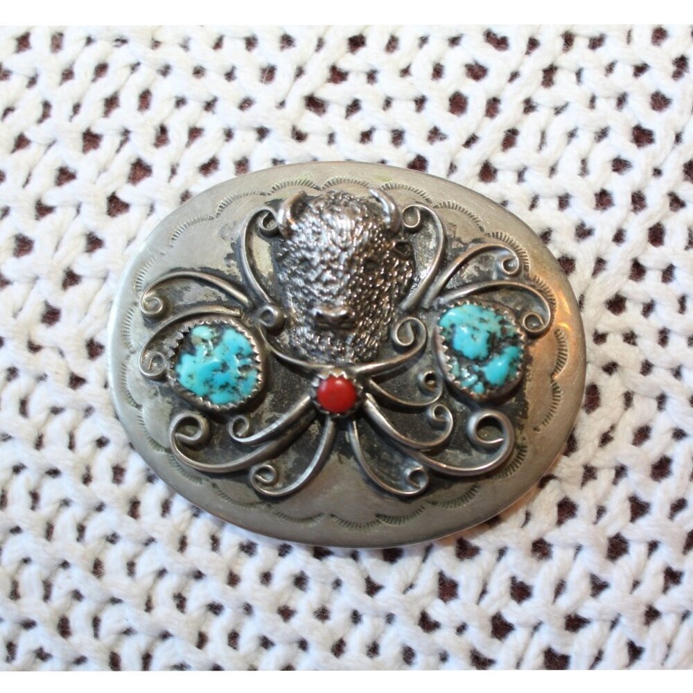 Vtg Navajo Buffalo Head Belt Buckle Turquoise & Coral Native American Handmade - Picture 1 of 7